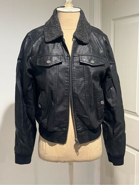 Obey Black Faux Leather Bomber Jacket with Sherpa Collar
